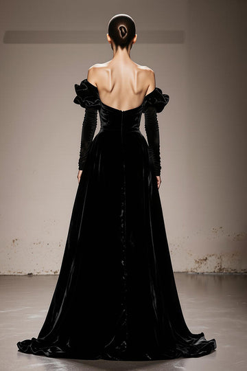 A-Line Black Velvet Off the Shoulder Long Military Ball Dresses with Sleeves